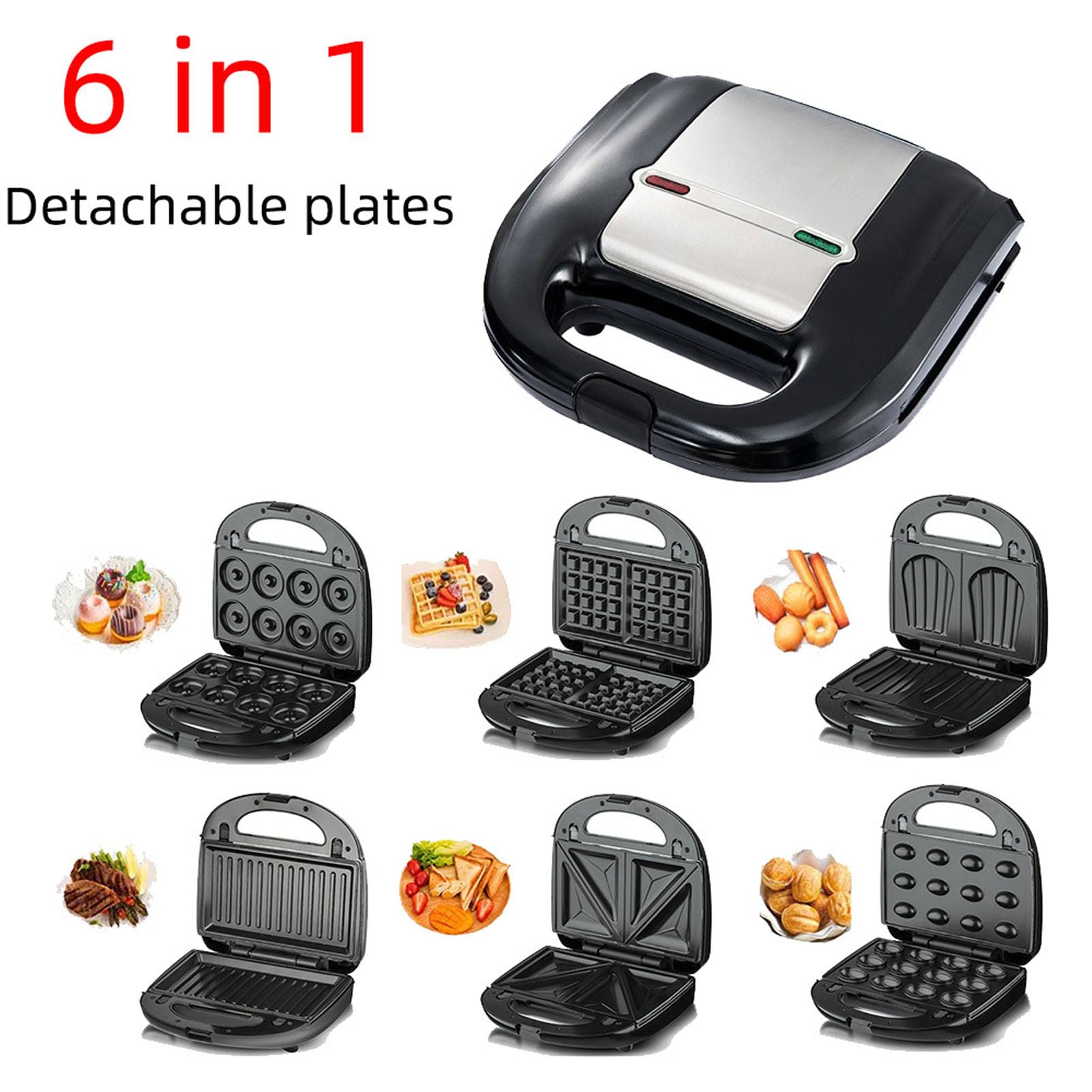 Tnfeeon 6 in 1 Sandwich Maker Panini Press Stick Proof Breakfast Machine with 10 Removable Plates for Making Sandwiches Donuts Waffles Nuts Madeleine Cakes Steaks (US Plug 110V)