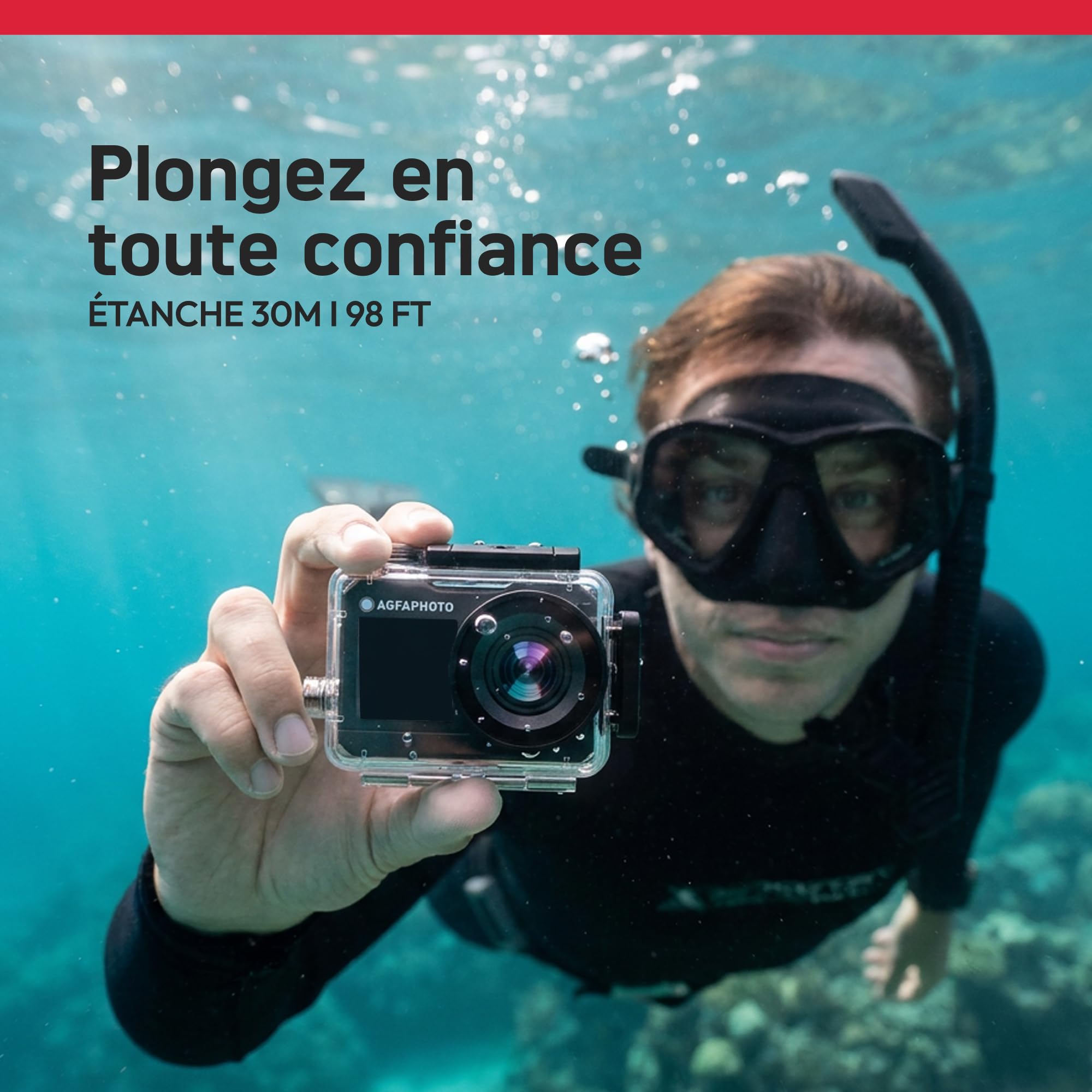 AGFAPHOTO - Caméra de Sport - AC7000 - True 2.7K 30FPS, Double Écran Tactiles, Grand Angle 120°, Boitier étanche 30m - WiFi - 10 Accessoires Inclus | Provenance France. Emballage securisé. Livré avec Facture dont TVA.
