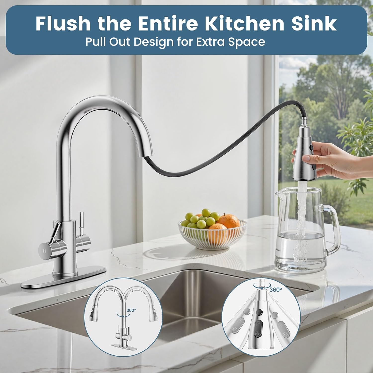 Hurran Kitchen Sink Faucet with Pull Down Sprayer, 2 Handles High Arc Stainless Steel Kitchen Faucet with Escutcheon, Suitable for Kitchens, RVs, and Bars, Brushed Nickel