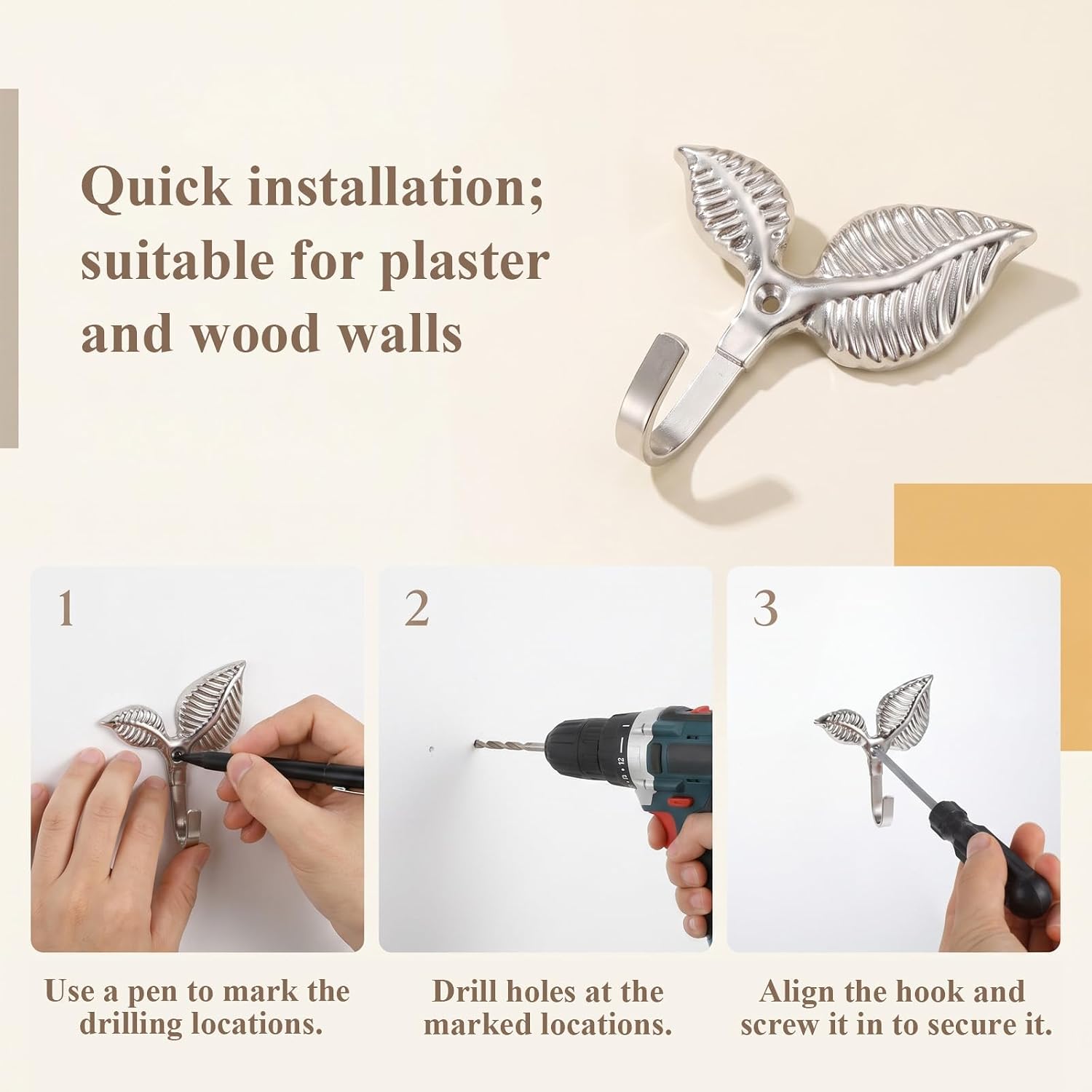 Iron Leaf Wall Hooks 6Pcs, Silver Leaf-Shaped Rustic Single Hook Heavy Duty Decorative Iron Hook Wall Mounted Hangers for Hanging Coat, Key, Bag, Towel, Home Decor for Kitchen Bathroom Entryway