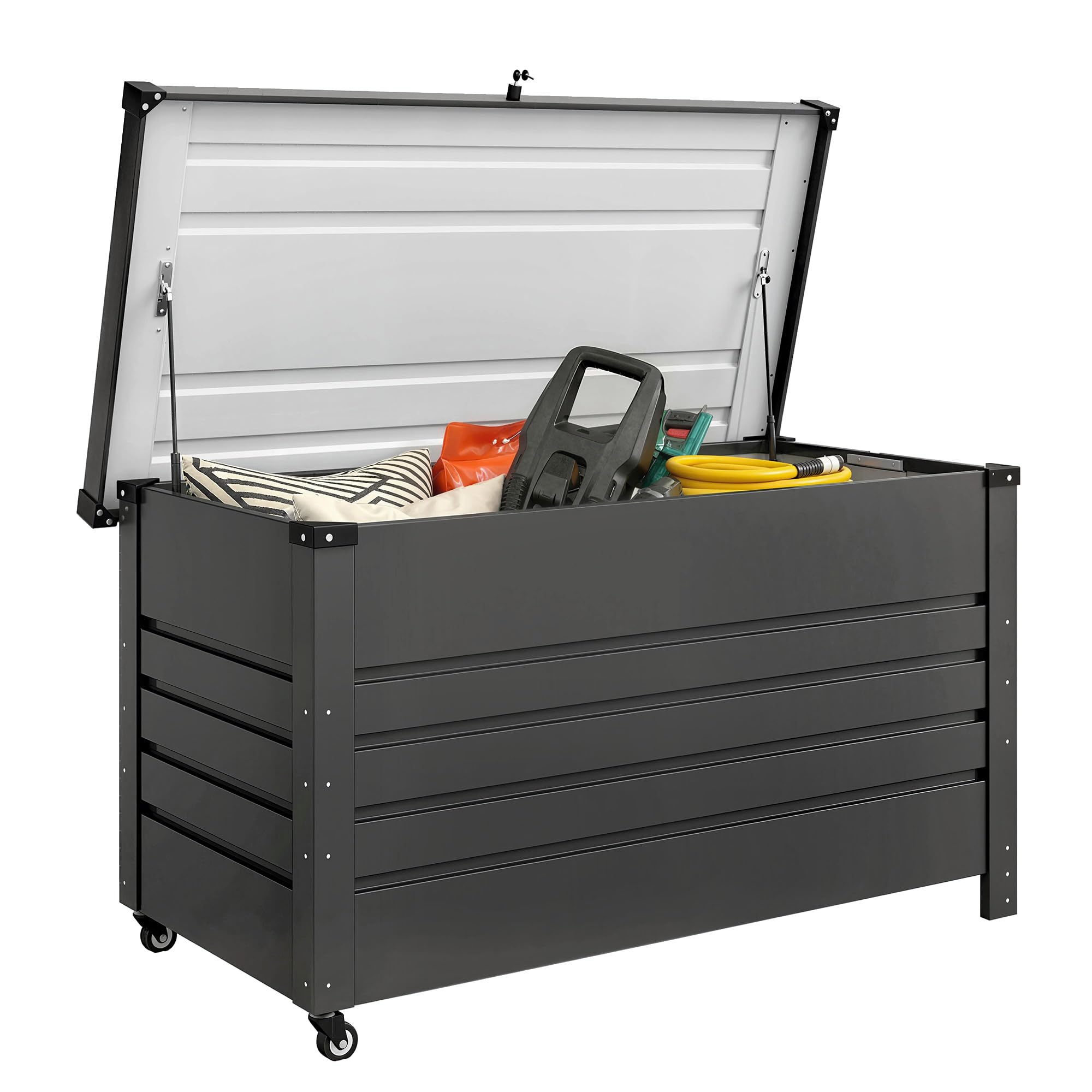 Outsunny Baule da Esterno 350L Acciaio Rinforzato con Coperchio Bloccabile, Pistoni a Gas, Ruote, Grigio