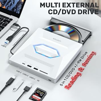 Unitek External CD/DVD Drive USB C Portable DVD Player with SD Card Slots 3 USB Ports CD ROM Burner External Disk Drive Optical Compatible with Laptop Desktop Mac Windows 11/10/8/7 Linux