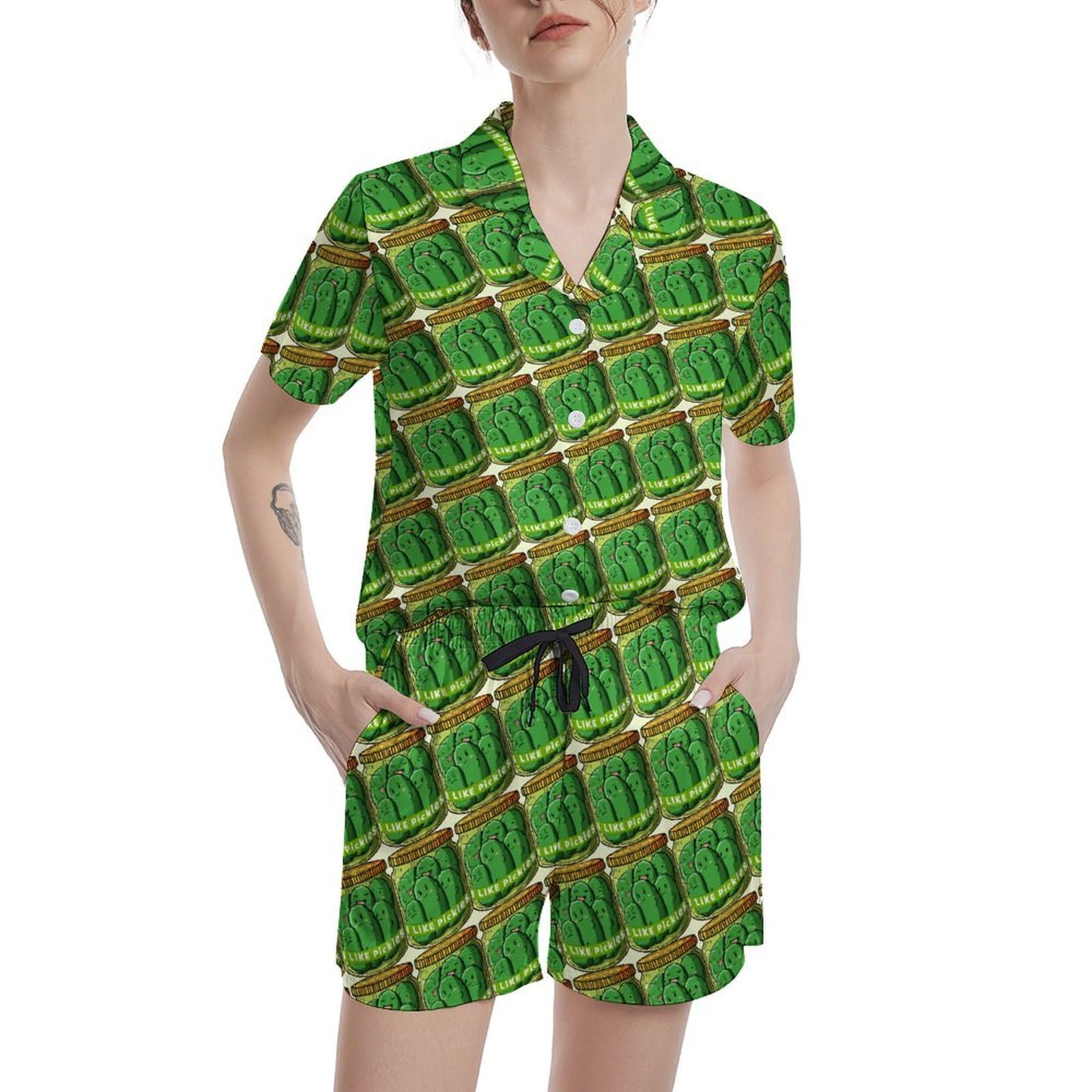 Funny Pajamas for Women Set Print Satin Loungewear Pjs Short Sleeve Button Down Top and Shorts Sets Sleepwear XS-3XL