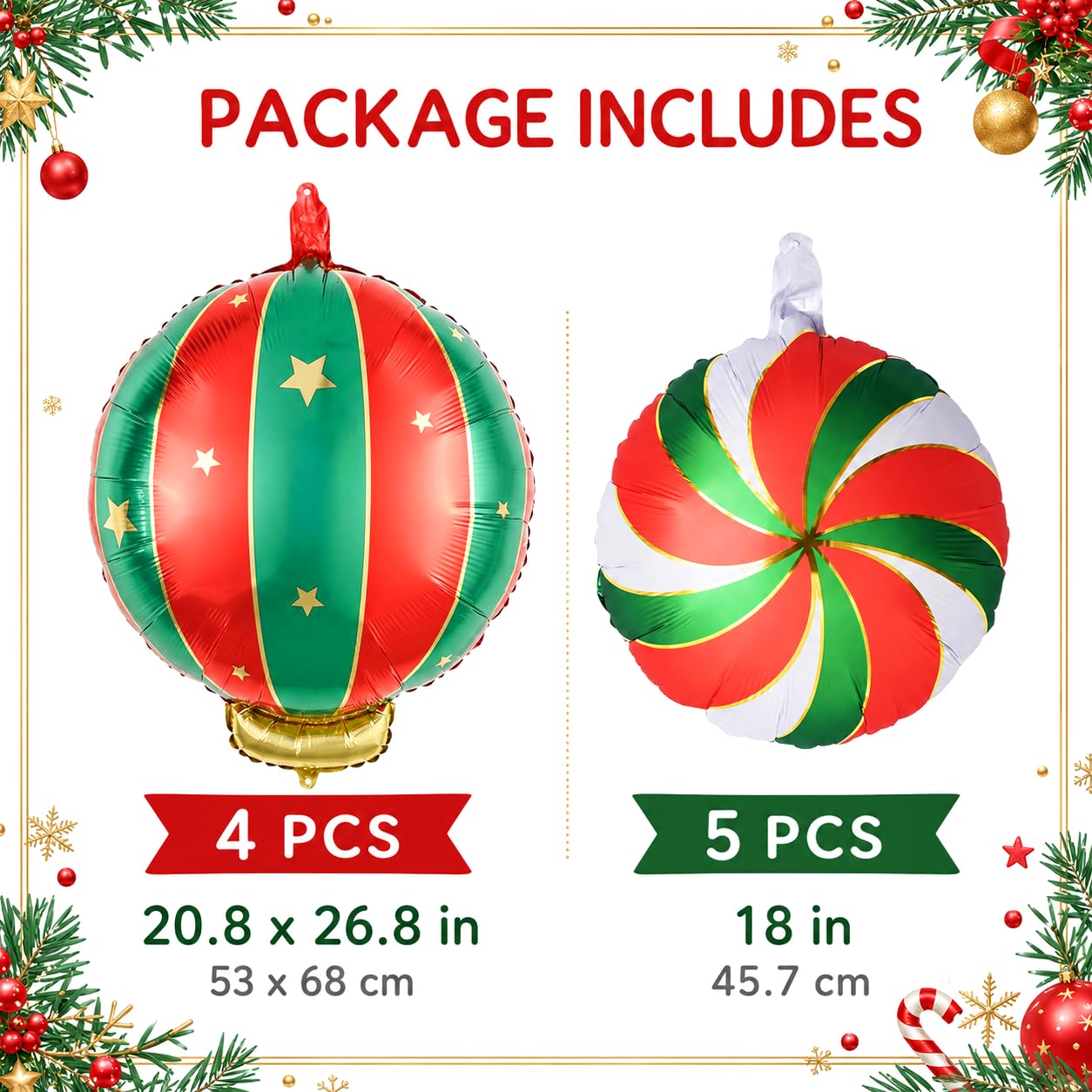 Weihnachten Folienballons Set, 9 Stück Groß Weihnachts Deko Süßigkeiten Hängende Weihnachtskugel Helium Ballons, Rot Grün Gold Weihnachtsdeko Bonbon Candy Luftballons für Christmas Party Dekoration