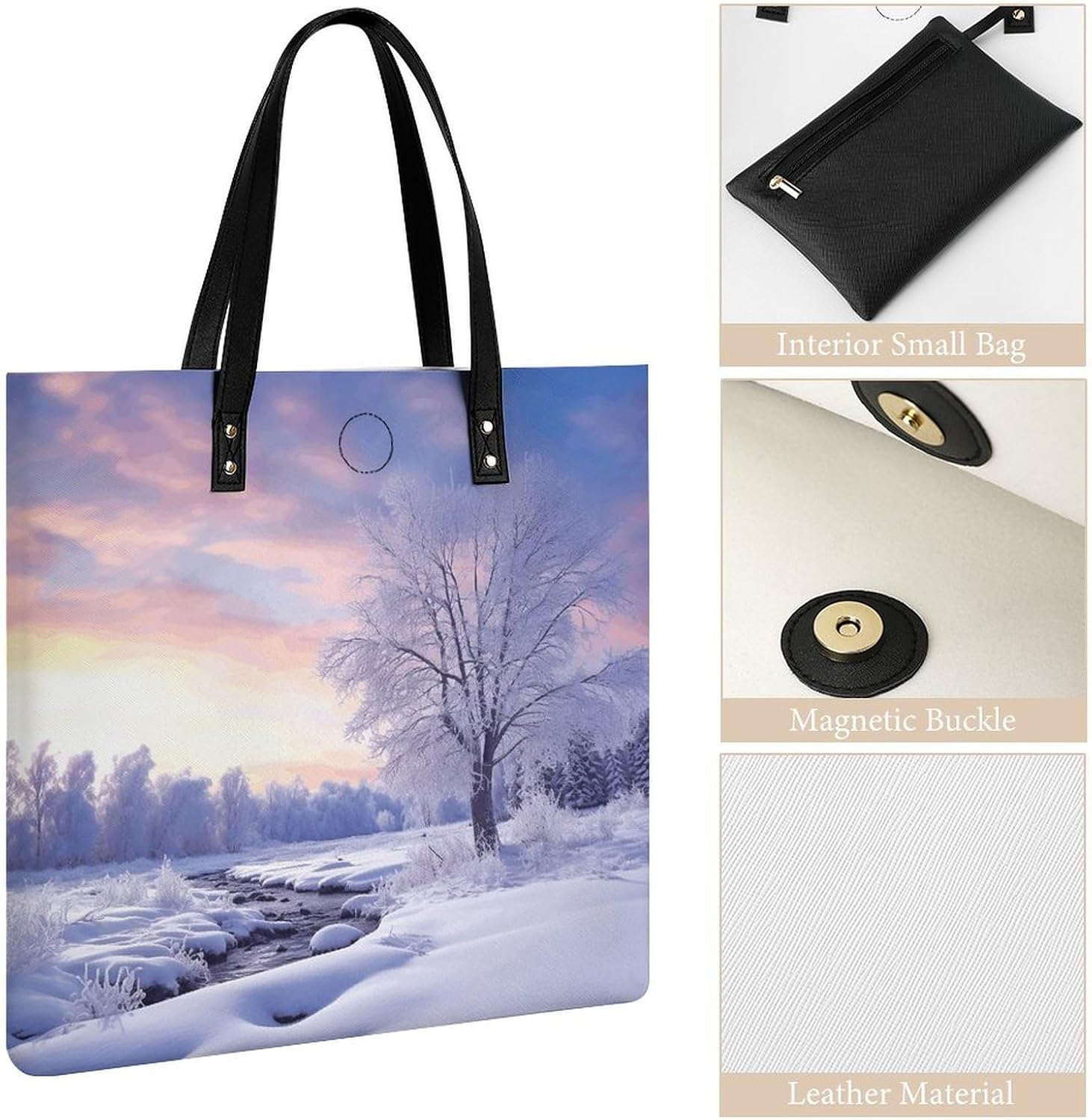 Winter Landscape Tote Bag with Magnetic Buckle Reusable Grocery Bags Lightweight Cross Body Handbag for Daily Essentials