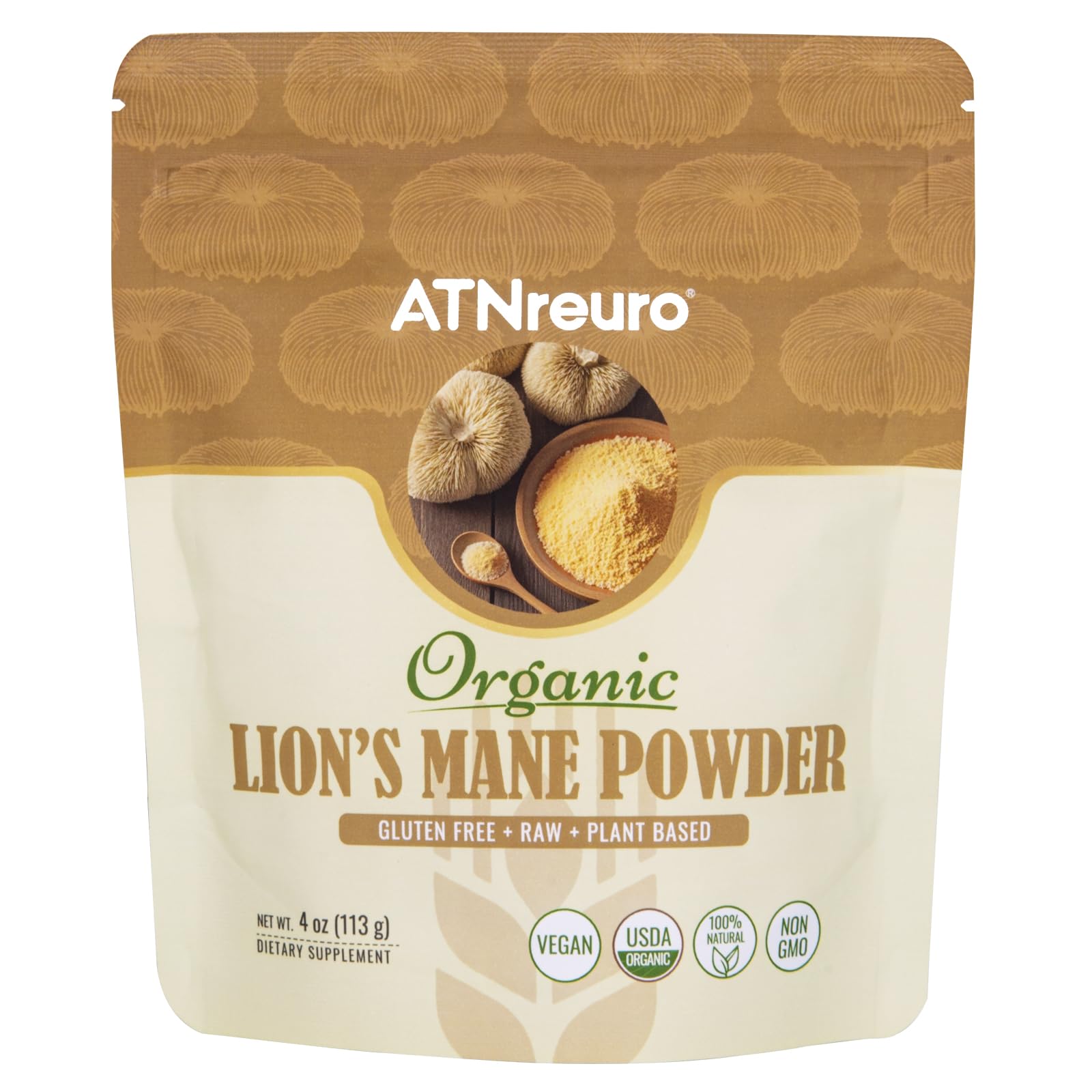 Organic Lion's Mane Mushroom Powder, 4oz 100% Pure & Natural,Brain Health Support for Memory, Focus & Nerve Regeneration,Premium Quality, Non-GMO,Gluten-Free,Vegan, Nootropic Brain Supplement