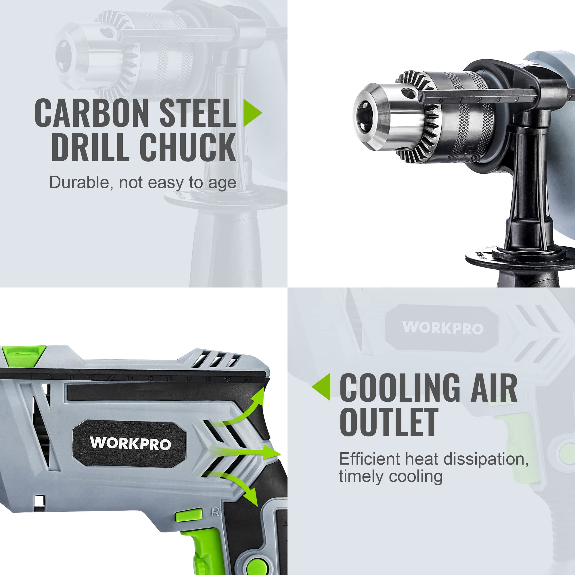 WORKPRO Trapano a Percussione 850 W, Trapano Elettrico a Filo, Trapano a Percussione con Impugnatura Girevole a 360°, 3000 giri/min, Pulsante di Velocità Variabile