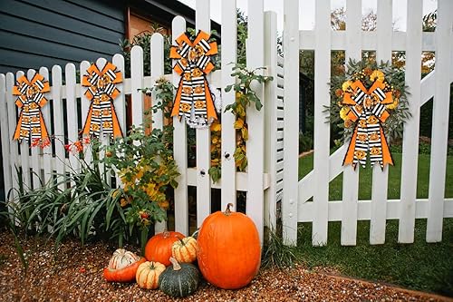 Miniatura 10 de Arcos grandes de Halloween para corona, lazos de corona de araña de Halloween, lazos negros a cuadros, lazos de arpillera naranja, lazos para
