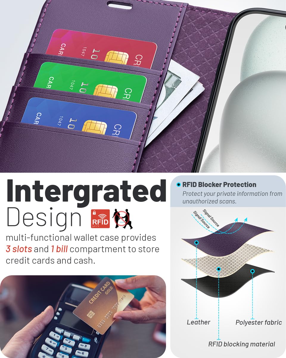 OCASE for iPhone 16 Pro Case, PU Leather Wallet, Magnetic Flip Folio Cover with RFID Blocking, Card Holders, Shockproof TPU - Image 3