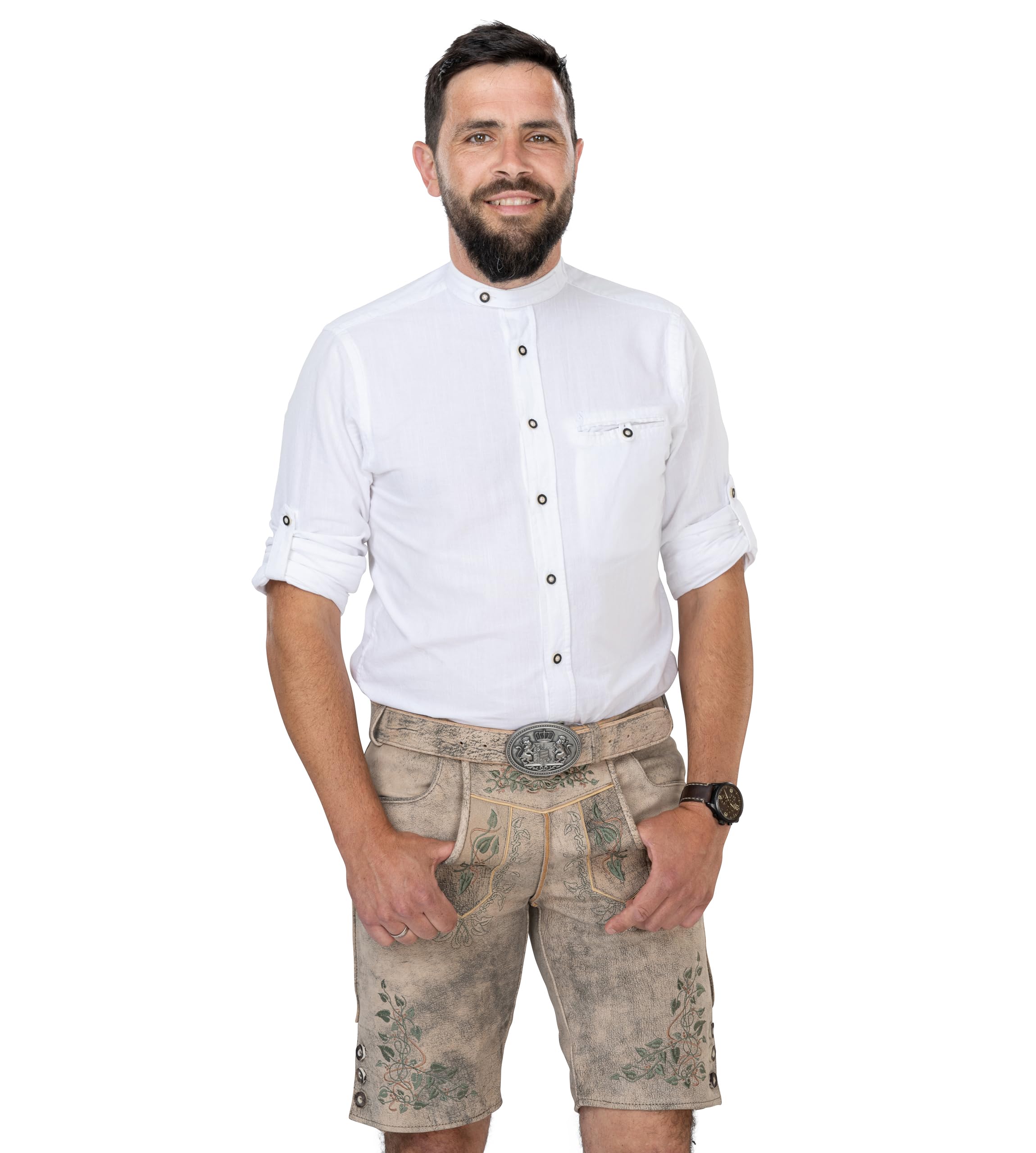 Schöneberger Trachten Couture Herren Lederhose kurz, Nubuk-Leder Trachtenhose für Oktoberfest, Trachtenlederhose gespeckt Sepp
