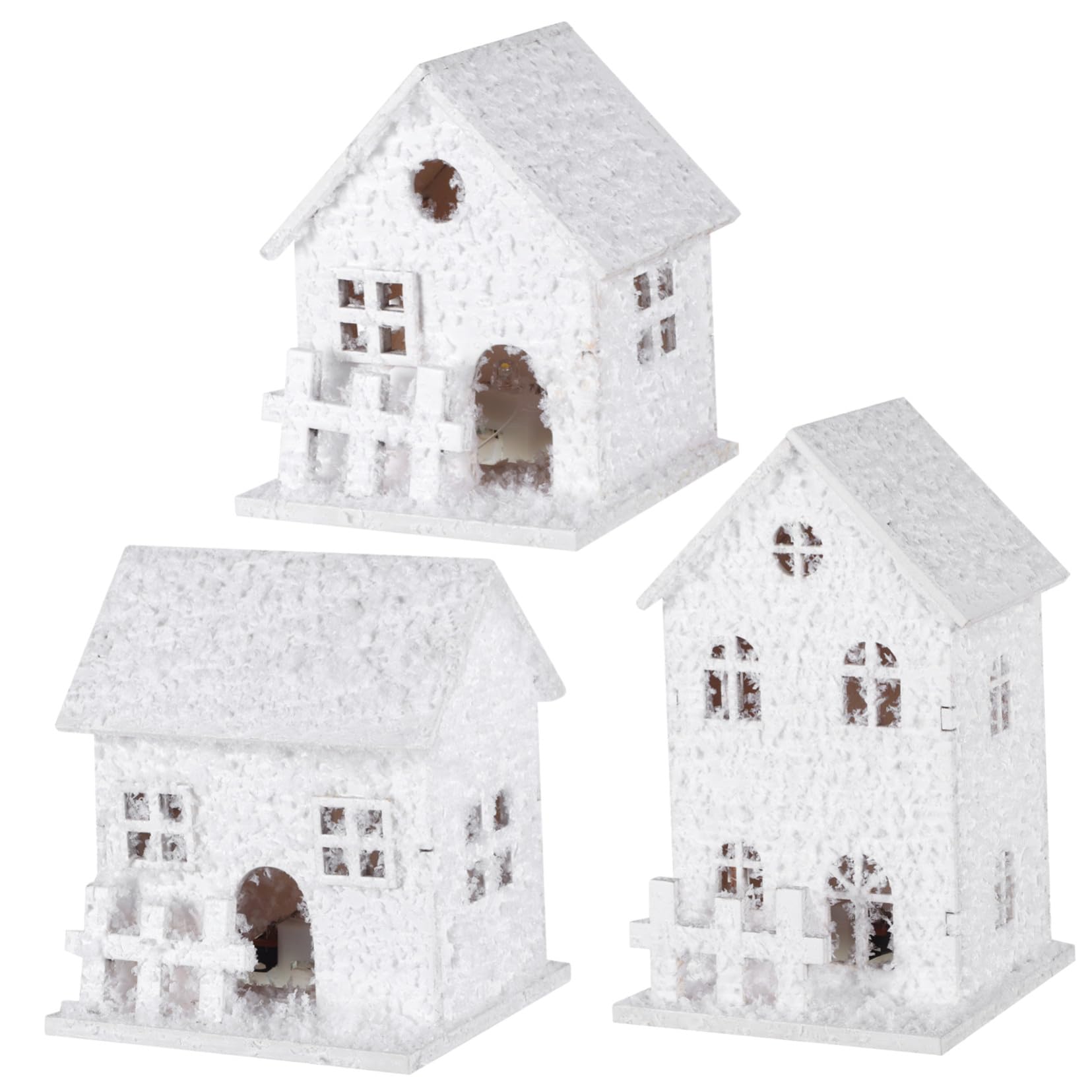 Set 3 casas de madera navideñas con luces led para árbol y mesa