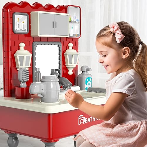 Miniatura 4 de Lucky Doug Juguetes de fregadero de juguete para niños, lavabo de baño con agua corriente, juego de tocador con espejo y taburete para niñas de 3,
