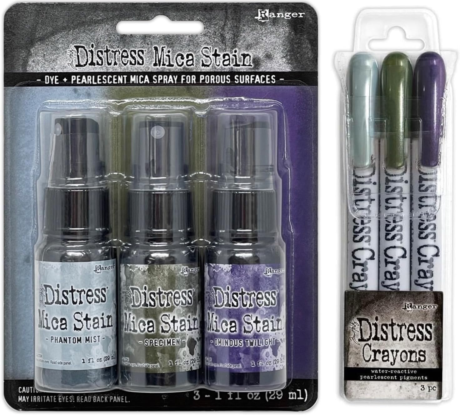 Tim Holtz Halloween Mica Stain Spray, 6 Bottles, Matching Distress Crayons, Carnora Amber Bottle, 13 Pieces Total