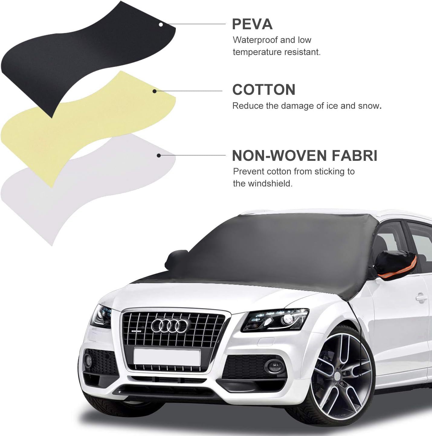 Windshield Snow Cover, Magnetic Windshield Cover for Snow and Ice Protector Reflective Warning Bar on Mirror Covers - Ice Frost and Wind Proof Car Cover Fit for Most Vehicle SUV Trucks Vans