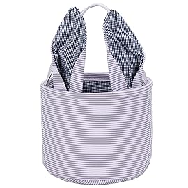 Leziazany Easter Basket Seersucker Egg Hunt Bunny Baskets for Kids with Cute Rabbit Ears Stripe Storage Gifts Candies Personalized Easter Party Gifts.