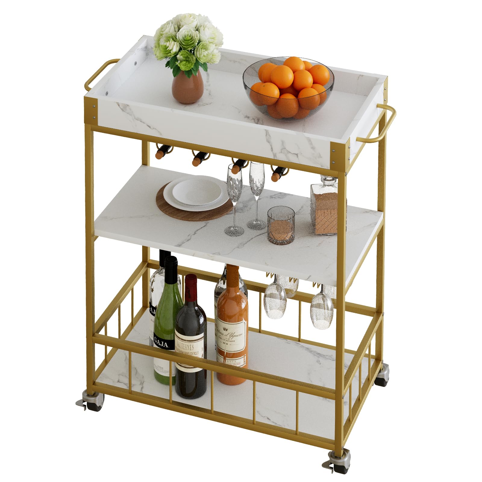 Azheruol Bar Cart White Marble 3 Tiers Removable Storage Tray with Wine