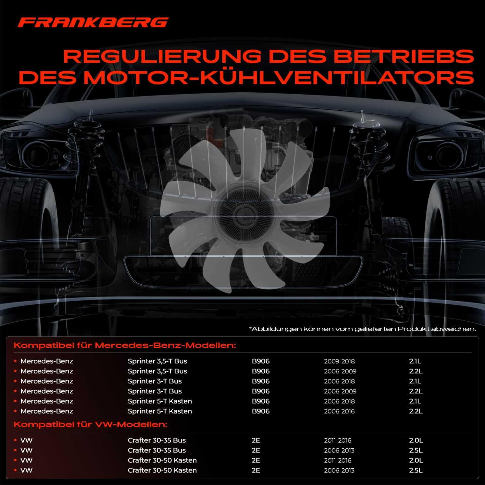 Frankberg Viscokupplung Kühlerlüfter für Sprinter 3,5 3,5-T 3-T 5-T 906 C-r-a-f-t-e-r 30-35 30-50 2E 2F 2006-2018 076121301B