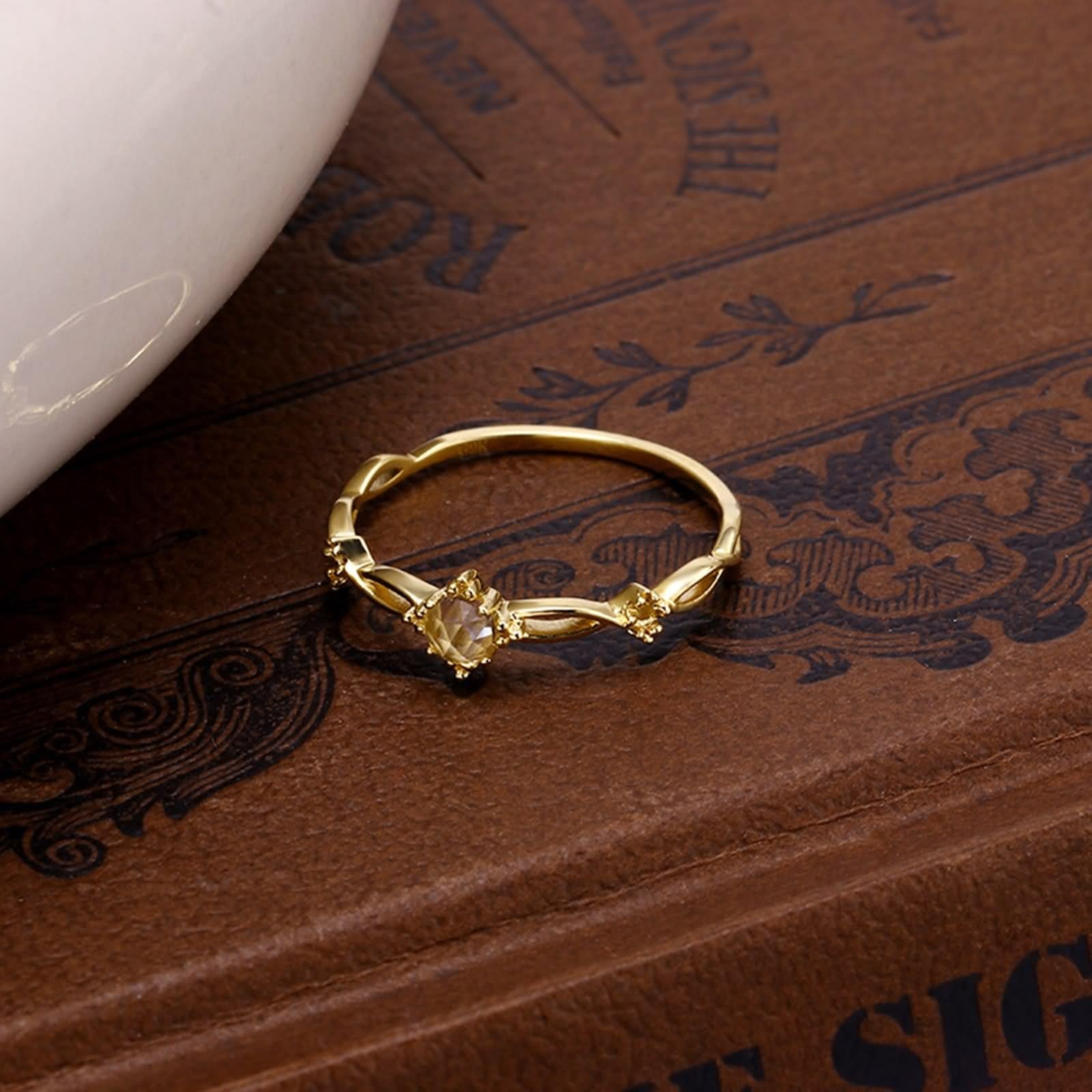 Anello di fidanzamento, anelli di abbinamento solitario fiore ritorto rotondo topazio bianco oro giallo