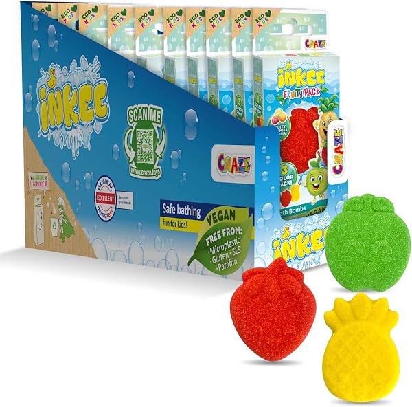 INKEE FRUITY PACK | Pack de 30x Bombes de bain enfant, Boules de bain parfumées en forme de fruit - Pomme, Fraise, Ananas, à l'huile de jojoba, testé dermatologiquement