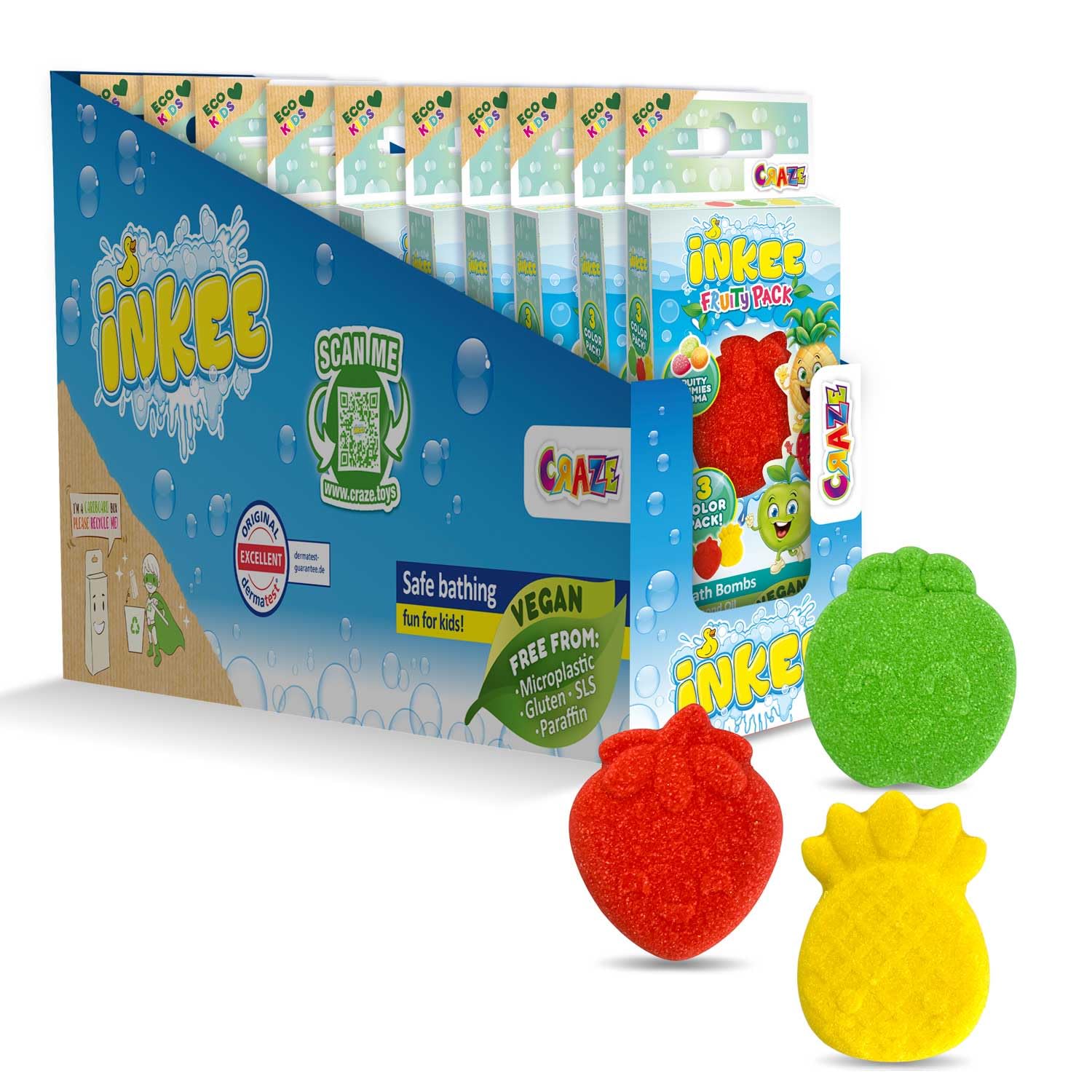 INKEE Fruity Mini Pack of 30 Bath Bombs for Kids Age 3+ – Colourful Bubble Bath Fizzies with Jojoba Oil and Fruity Aroma – Fun Bath Toys and Relaxing Bath Time Gift Idea