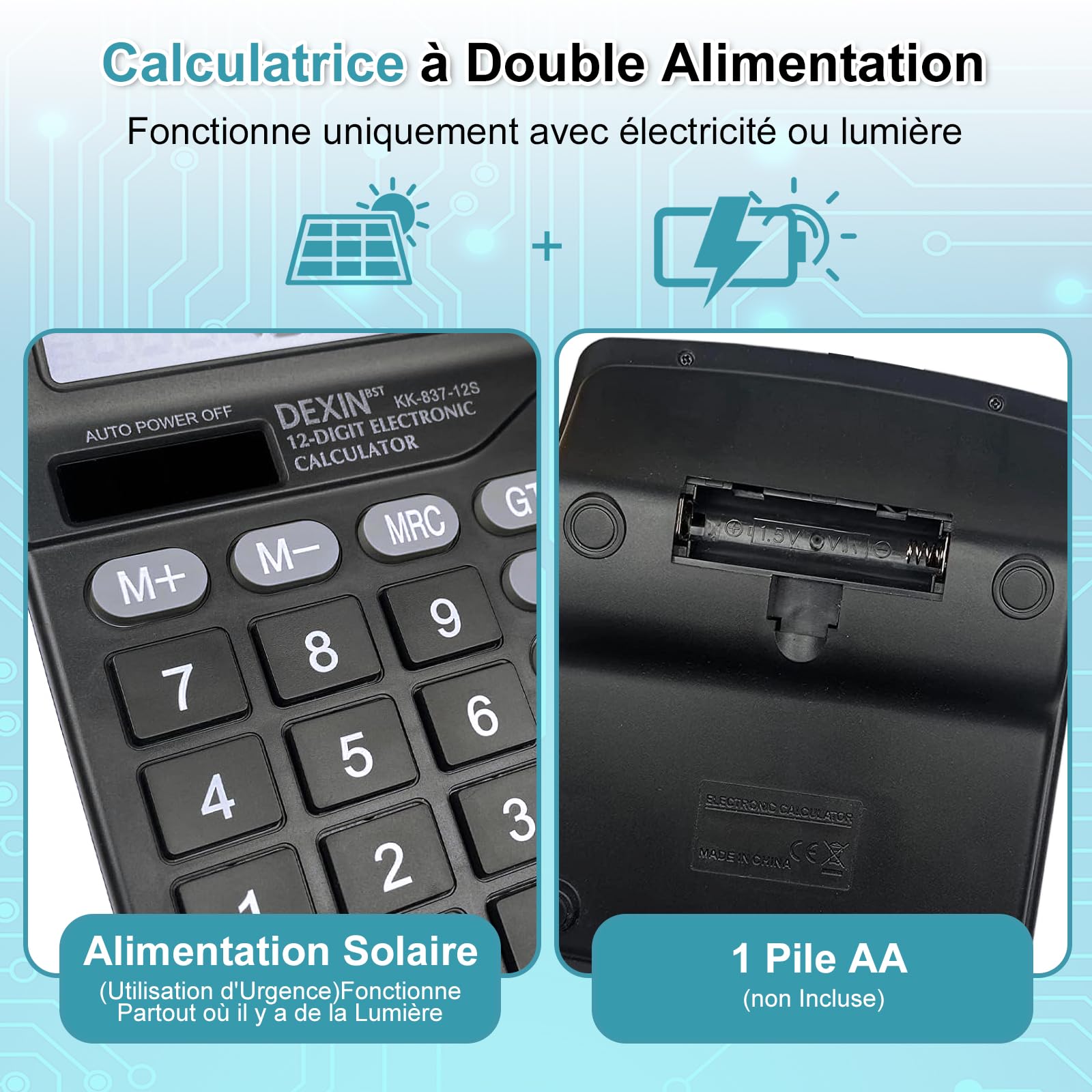 Calculatrice de Bureau 12 Chiffres Écran LCD Solaire et Batterie Grands Boutons Noir Bleu Ciel