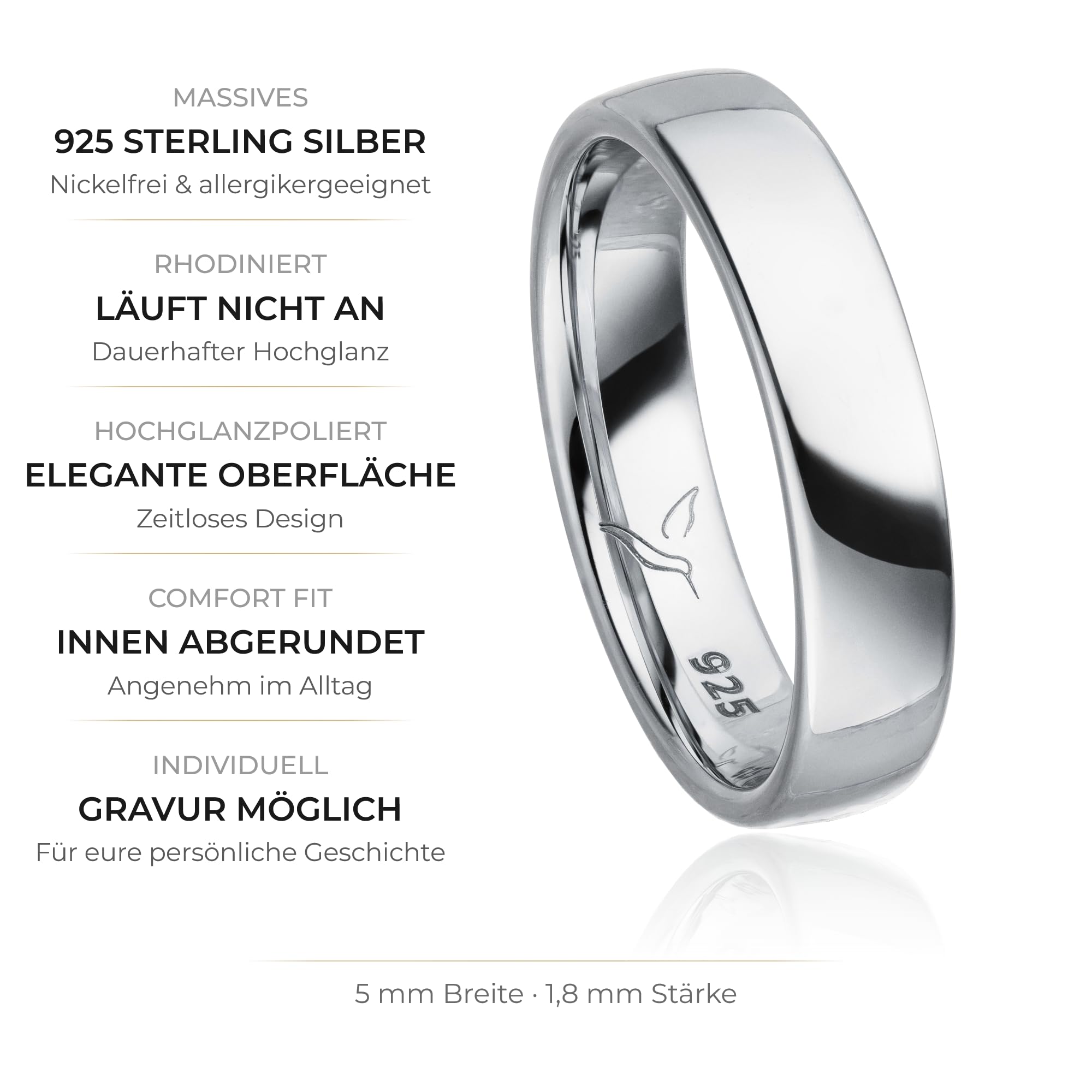 Kolibri Rings Partnerring 925 Sterling Silber | Schlichter Unisex Freundschaftsring | Ehering für Herren und Damen Made in Germany in 21 Größen | Gratis Gravur und Etui