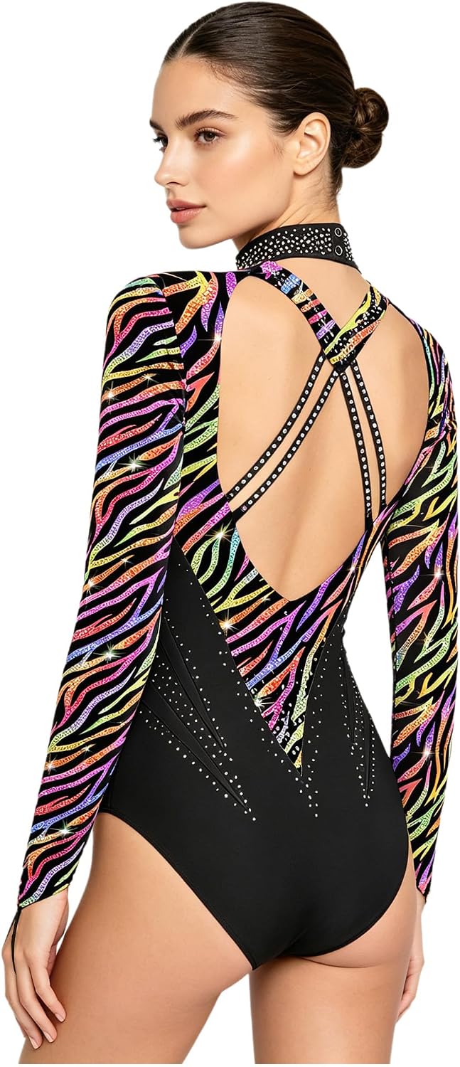 Hularka Women Gymnastics Dance Leotard Cutout Strappy Backless Print Spliced Glittery Rhinestone Low Back Jumpsuit