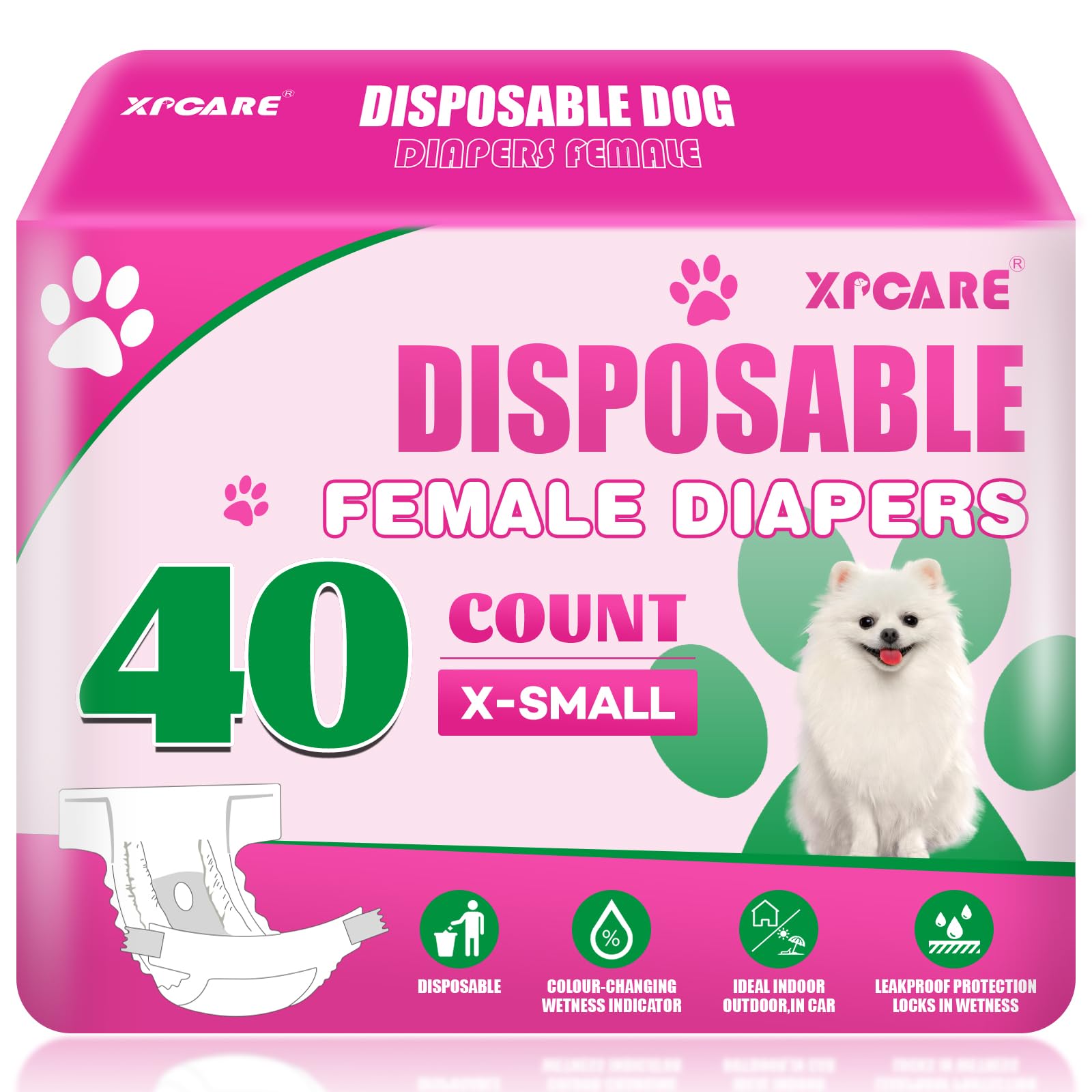 XPCARE 40 Count Disposable Female Dog Diapers, Super Absorbent, Leak Proof, Dog Diapers,Dog Period Diaper Female, for Incontinence, Estrus Female Dogs