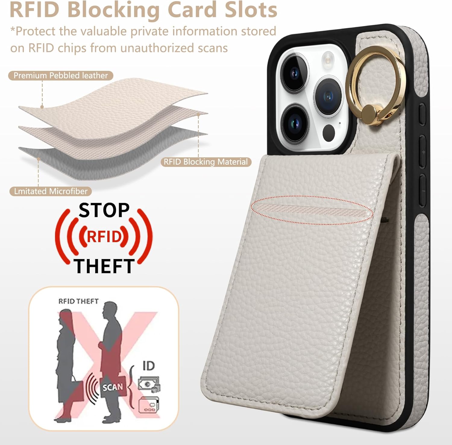 Keallce Case for iPhone 15 Pro 6.1'', Detachable Crossbody Wallet Case with RFID Blocking Card Slots, 360?Stand Ring, Flip Leather Protective Cover Lanyard Shoulder Strap Women for iPhone 15 Pro Beige - Image 4