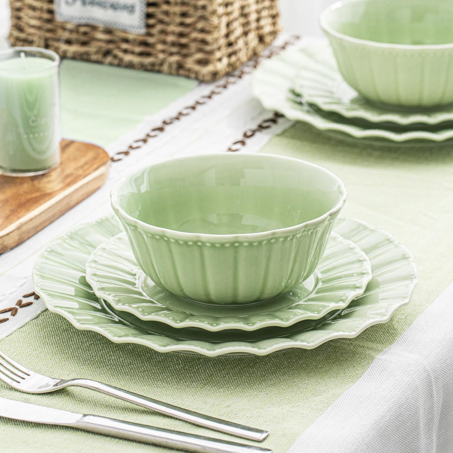 HOMBENE 12 Piece plates and bowls sets for 4, Dinnerware set, Porcelain Dish Set, House gift, Microwave and Dishwasher Safe, Mint Glow Green - Image 5