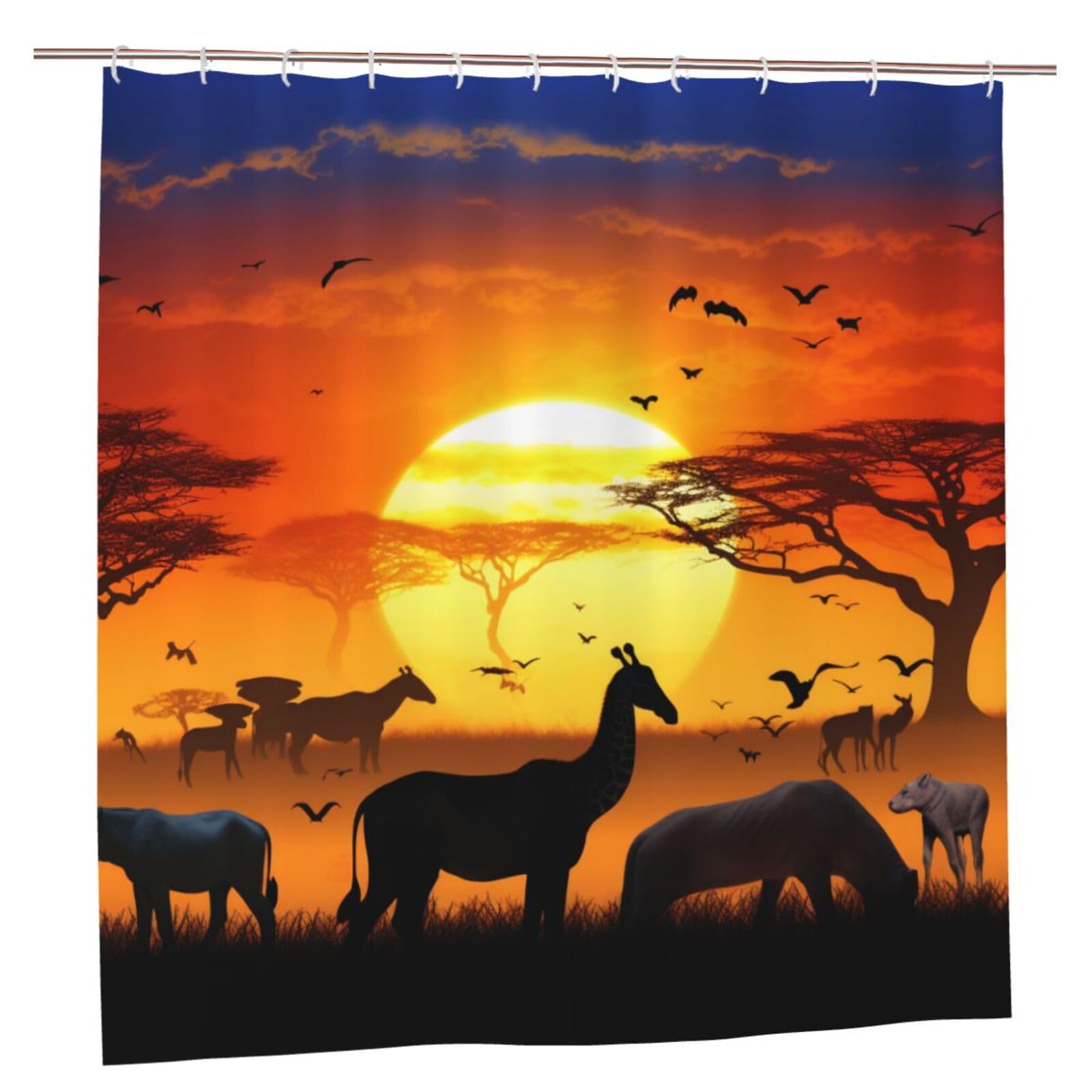 BWWHCCTI Sunset animals Printed Shower Curtain With 12 Plastic Hooks Opaque Quick Drying Waterproof Shower Curtains Sets For Bathroom 183x183 CM