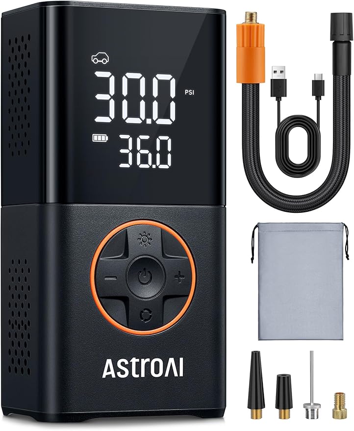 AstroAI Compressore Aria Portatile, Mini Compressore Portatile Auto, Pompa d'Aria per Bicicletta, Gonfiatore per Ruote Auto con Luce LED e Batteria Ricaricabile da 4000 mAh, Motociclette, Palloni