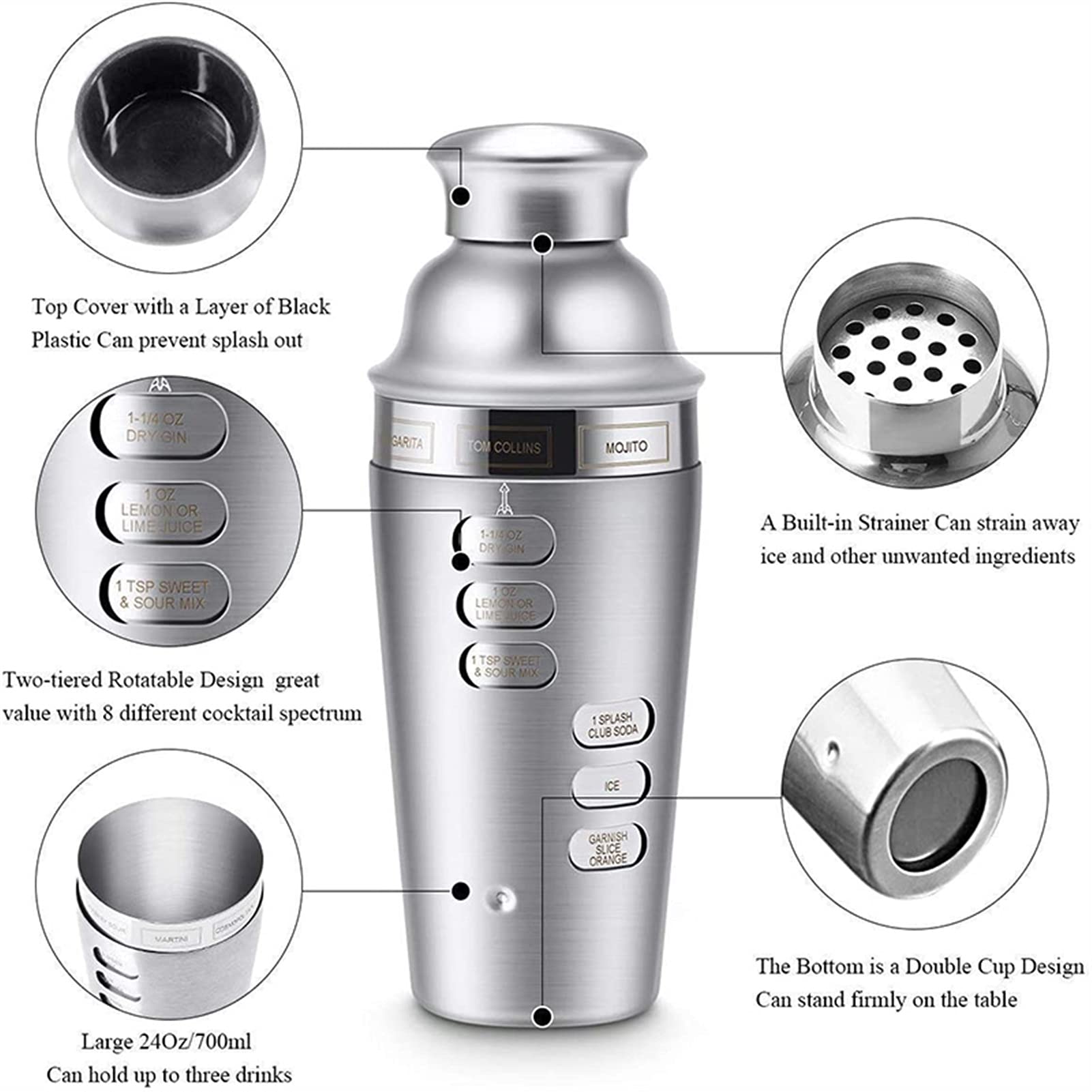 Cocktail Shaker Cocktail Shaker Set Barra in acciaio inox Set da cocktail Shaker con rotazione Recipe Guida ACCESSORI ATTREZZO MARTINI BUSINESS IN BULLER (700 ML) Bartender Kit (Color : 3 pcs)