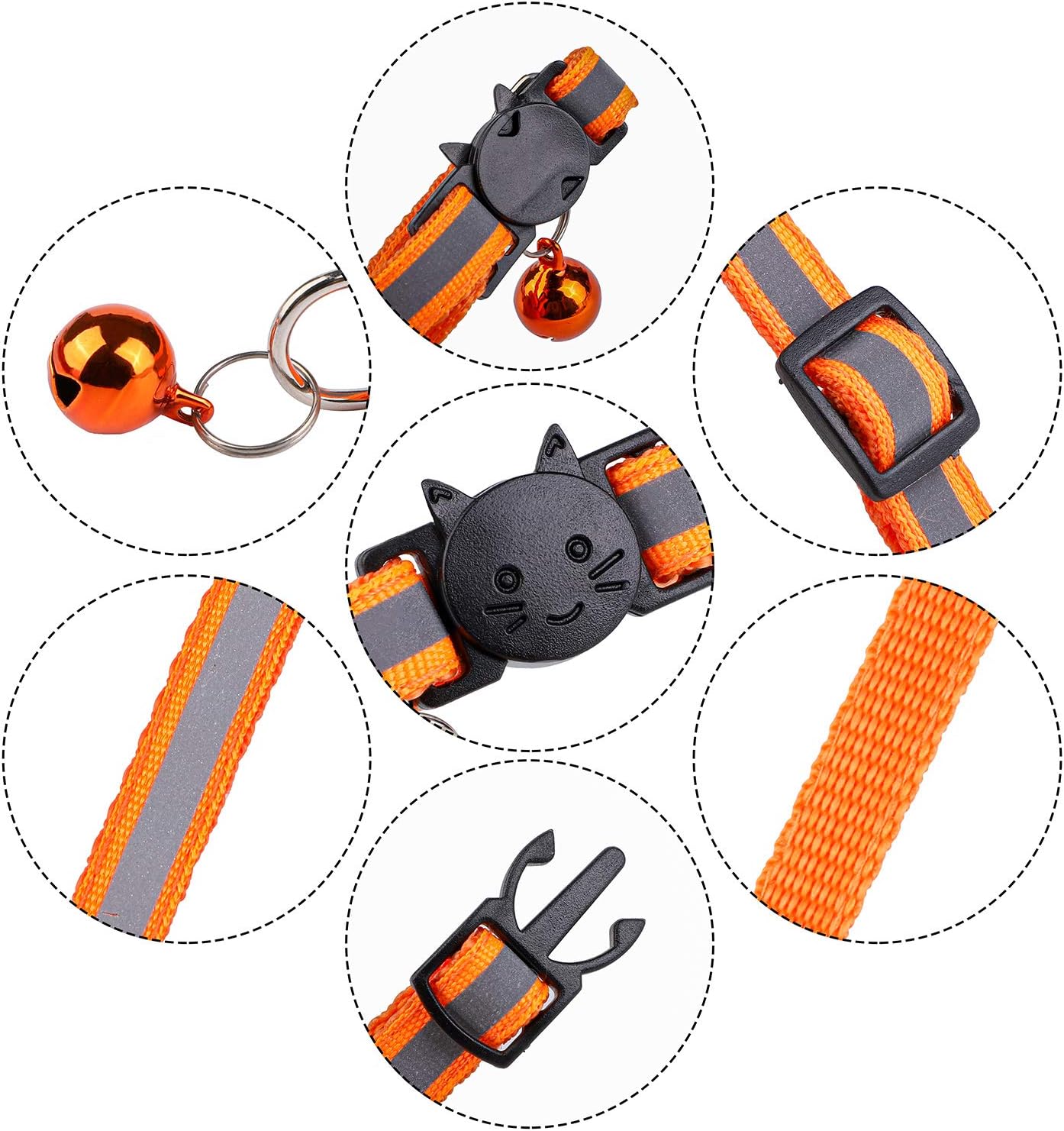 Aodaer 12 Pack Reflective Cat Collars Safety Release Cat Collars Reflective Design Adjustable Cat Collars with Bell Small Adjustable Safety Strap for Small Animal with 6 Pack Anti-Lost Tags
