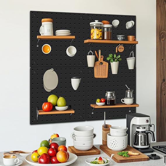 Peg Board,Steel Organization Panels, Ideal for Garage Tool Storage, Office Organization, Craft Room, Kitchen,Pack of 4 (Black, 4-12X12)