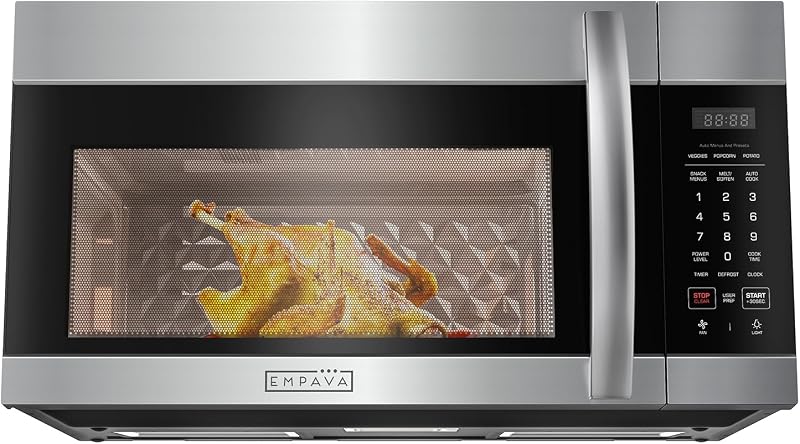Empava 1.7 pies cúbicos. Microondas para colocar sobre la cocina, 1000 W, plateado, EMPV-30OTR01 | Cocción con sensor, menús automáticos, ventilador de ventilación de 2 velocidades y 300 CFM, 10 niveles de potencia, función de plato giratorio, iluminación LED brillante en la estufa