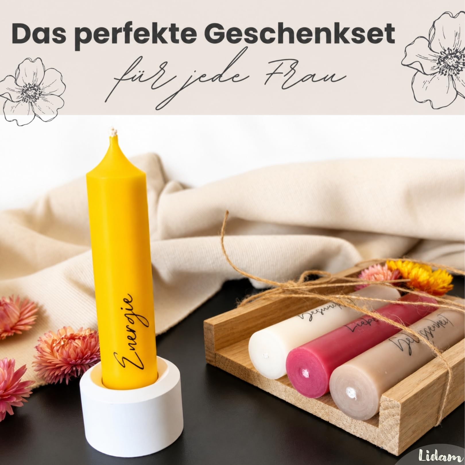 Kerzen Geschenkset Geburtstagsgeschenk für Frauen oder Freundin | nimm dir, was du brauchst | Mitbringsel | Kerzenhalter Holzkiste mit Kerzen Deko und Strohblumen
