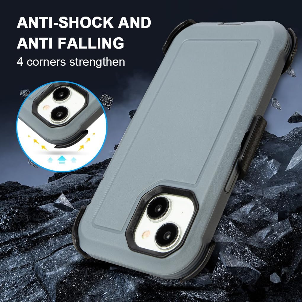 Shockproof Case for iPhone 15 with Belt Clip, Heavy Duty Rugged, Anti-Drop,3 Layers of Sturdy,Protection i Phone 15 Case, Grey