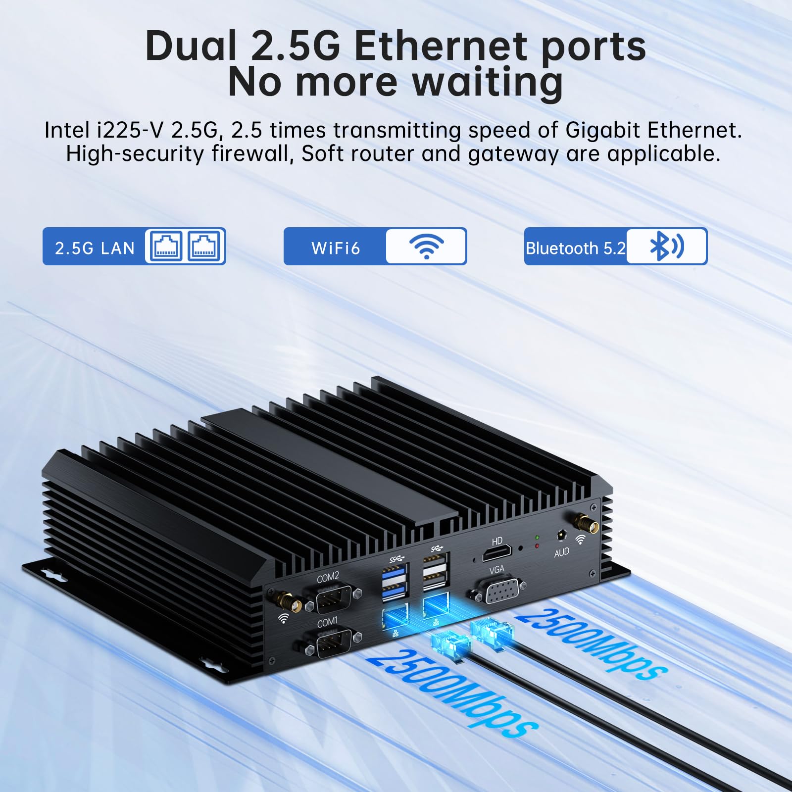 Industrial Mini-PC, lüfterloser Desktop-Computer Core i7-8550U 1,8–4,0 GHz, Win-11 Pro, 8G DDR4-RAM, 256G SSD, VGA/HDMI 4K@60Hz, 2x2,5G-LAN-Anschlüsse, 6xCOM RS232, WiFi6/BT5.2