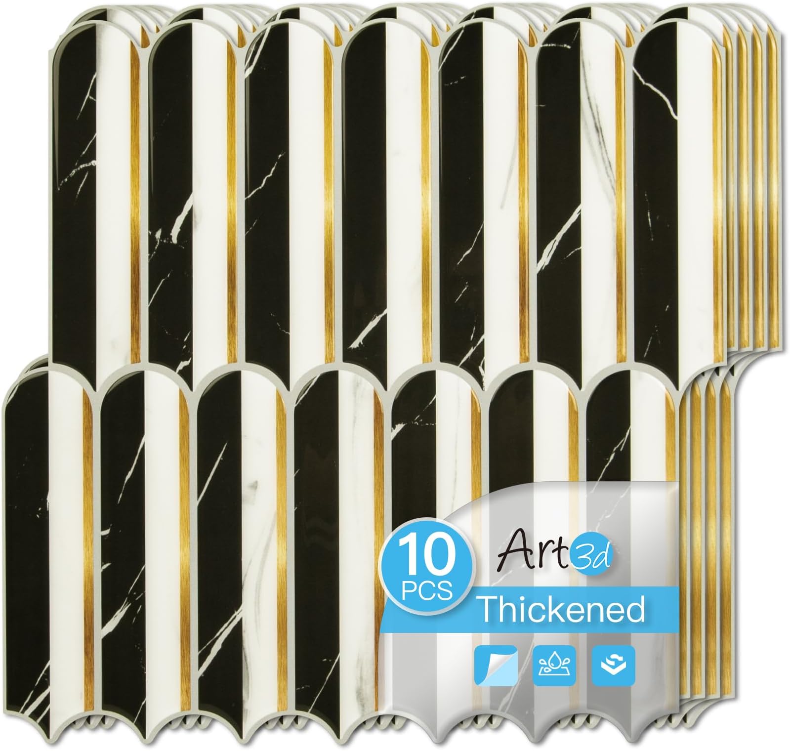 12 x 12 Inch Heavy-Duty Peel and Stick Backsplash, Self-Adhesive Wall Tiles for Kitchen Bathroom Decor, 10-Pack Black & White Marble with Metal Gold