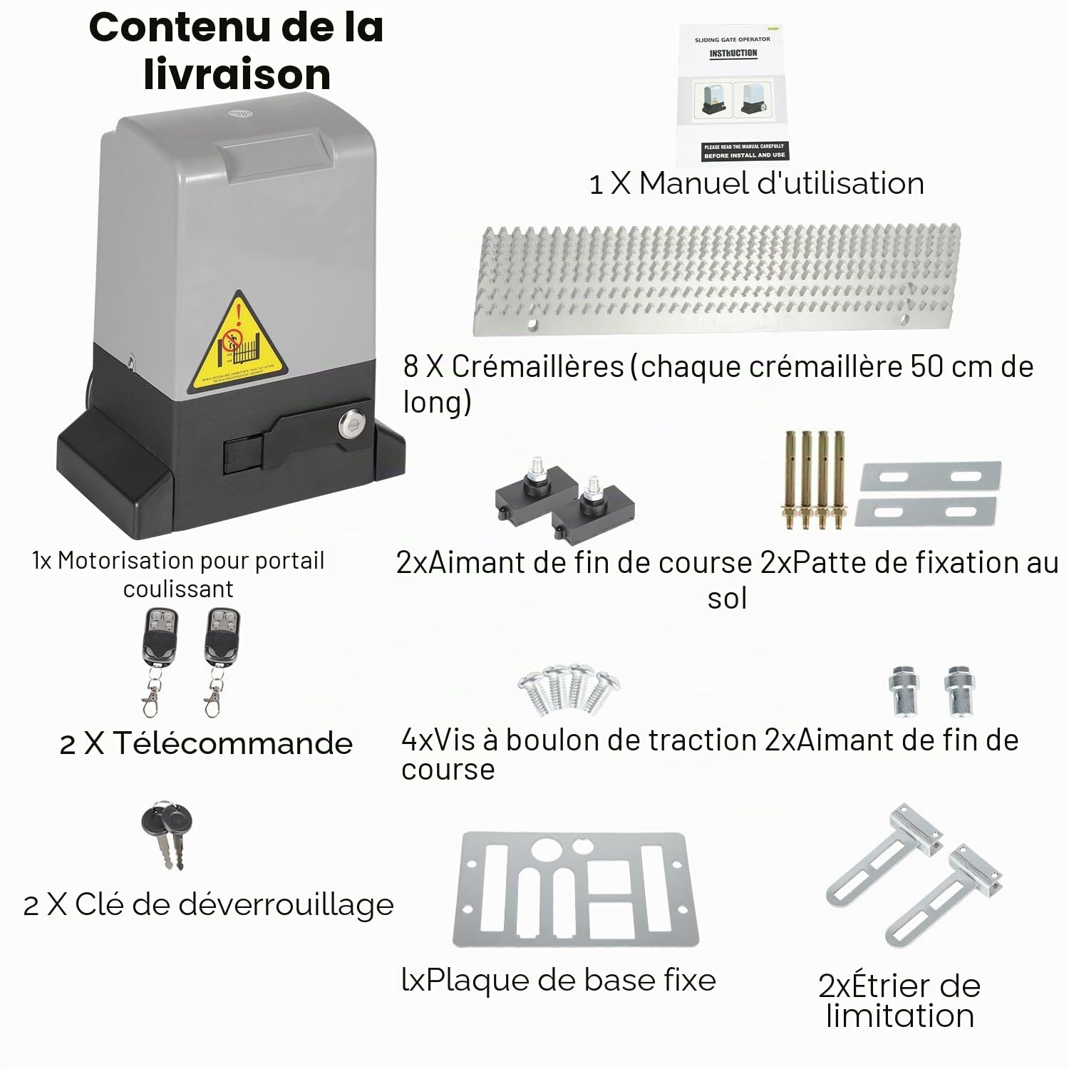 Motorisation de portail coulissant, motorisation de portail coulissant 550 W, modèle WiFi Bluetooth, avec rail de télécommande, motorisation de portail jusqu'à 1200 kg, support de 4 mètres