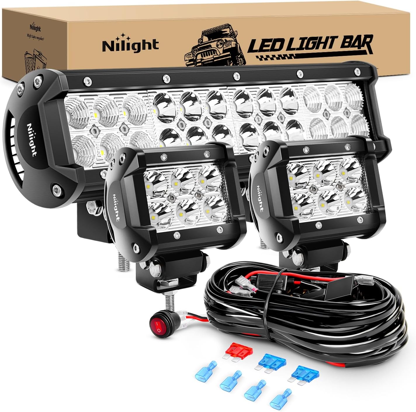 Nilight 12 Inch 72W Led Light Bar Spot Flood Combo 2PCS 4 Inch 18W Led Pods Flood Boat Lights Driving Fog Lights Work Light for Trucks With Off Road Wiring Harness- 3 Leads