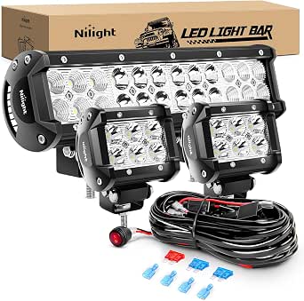 Nilight 12 Inch 72W Spot Flood Combo LED Light Bar 2Pcs with 4-Inch 18W Flood LED Pods and Wiring Harness Kit