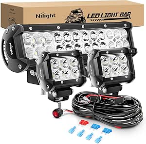 Nilight 12 Inch 72W Spot Flood Combo LED Light Bar 2Pcs 4 Inch 18W Flood LED Pods Fog Lights Off Road with Wiring Harness Kit