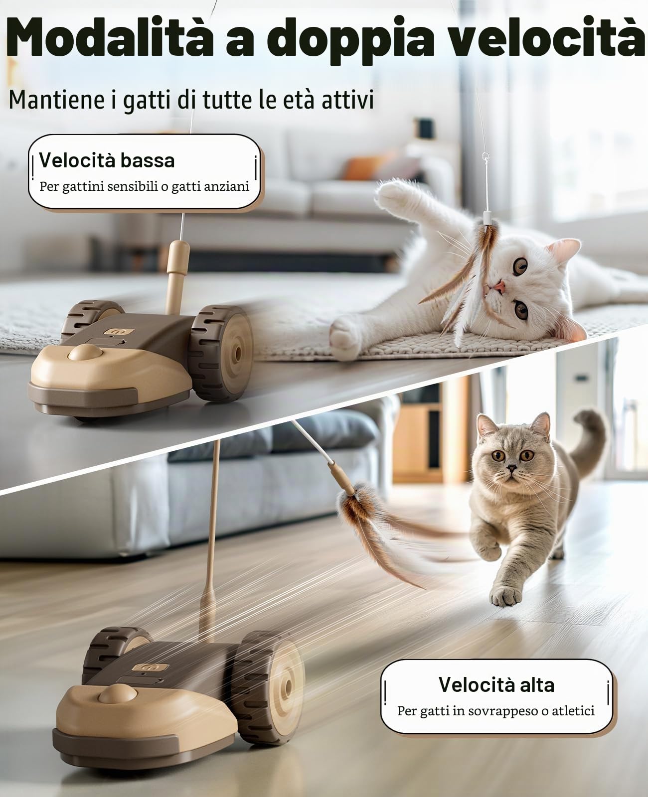 Casfuy Giocattolo interattivo 3 in 1 – Giocattolo elettrico per gatti a 2 velocità con 2 corde a molla sospese e coda per topi in silicone Wiggly per interni e gatti