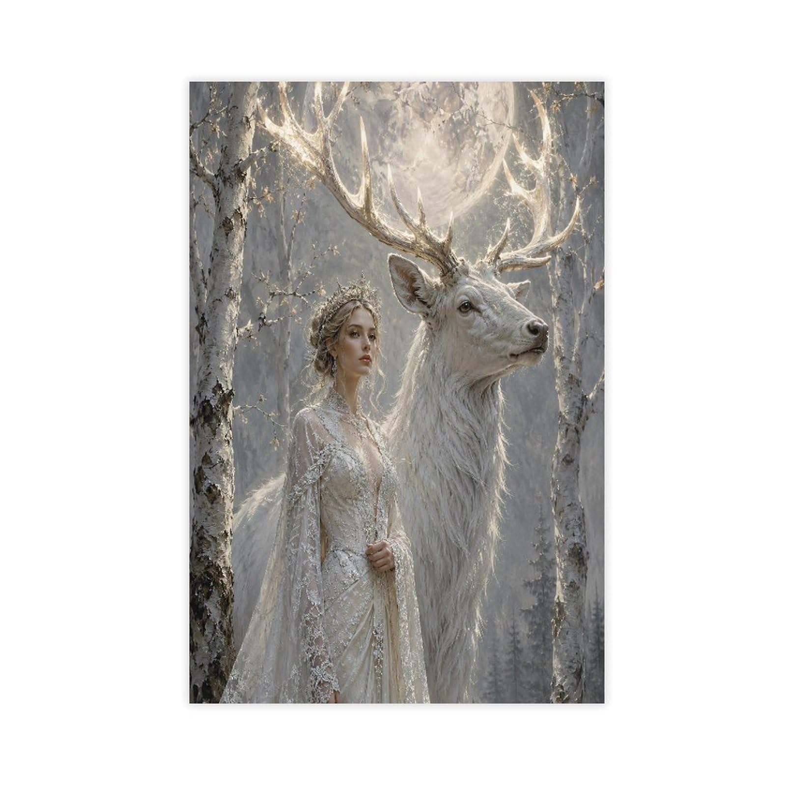 H3b8u2y5 Unframe-Style-15 White Deer Woman Canvas Wall Art, Moonlit Stage Surrealist