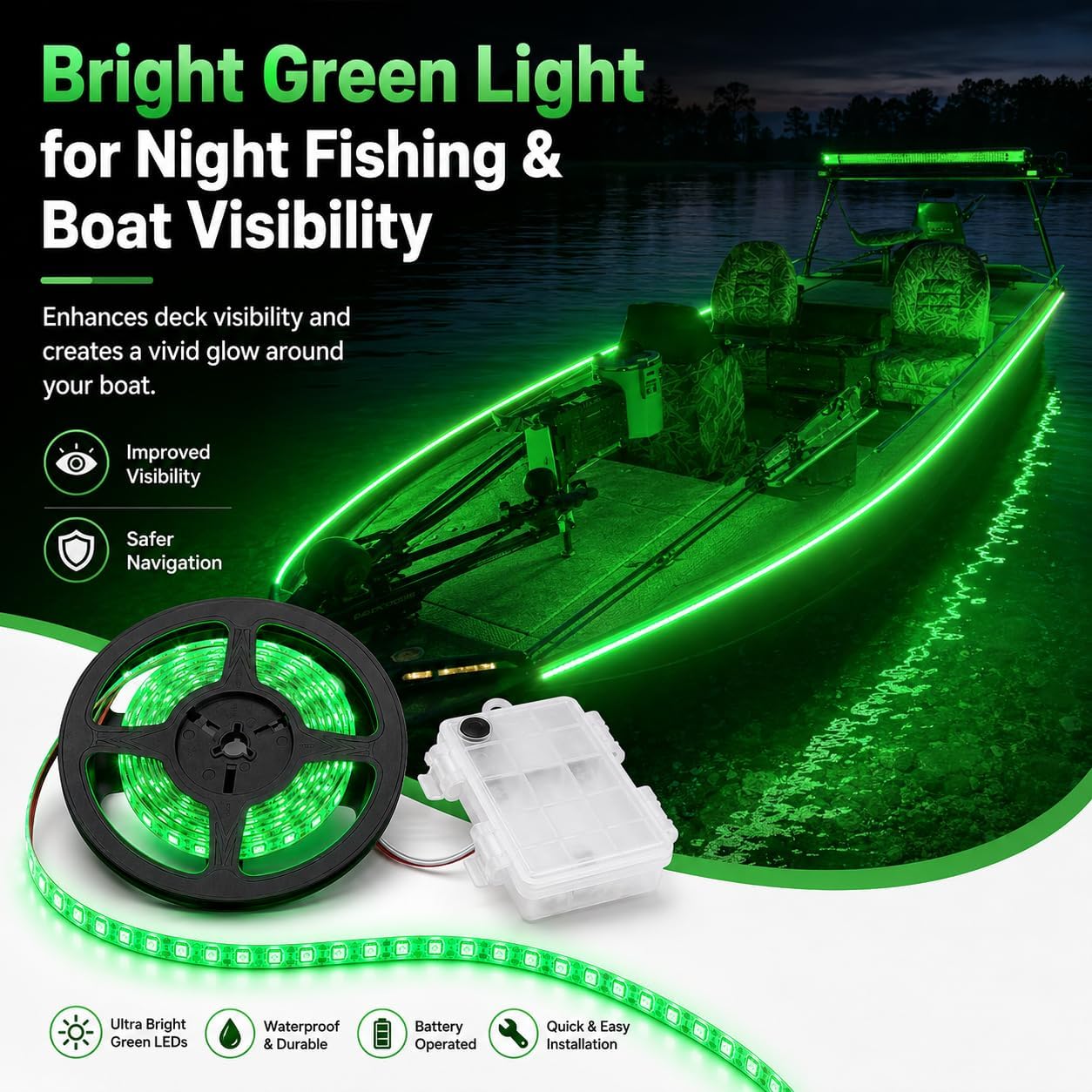 Shangyuan Marine LED Strip Lights with Battery Box for Pontoon Under Deck Lights, Battery Operated Boat Interior Lights for Fishing Sailboat Kayak, Boat Accessories, 5m (16.4ft) (Green)