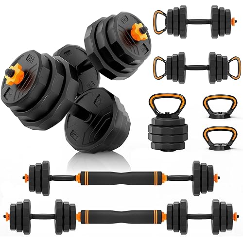 HTK Adjustable Weight Dumbbell Set - 4 in 1 Free Weight Set with Connector - Dumbbells, Barbells, Kettlebells, Push-Up Bars for Full Body Workout and Muscle Toning
