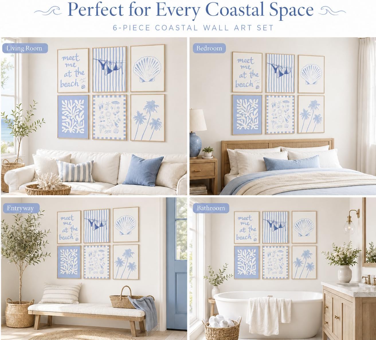 6Pcs Coastal Granddaughter Wall Art Blue Shell Bikini 8x10in | Starfish Palm Tree Poster Prints, Meet Me At The Beach, Preppy Aesthetic, For Girly Room Dorm Apartment