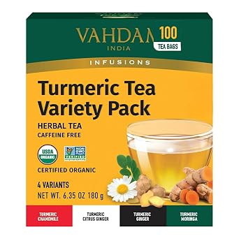 Organic Turmeric Tea Variety Pack 100 Pyramid Herbal Tea Bags, Caffeine Free, USDA Organic, Non-GMO, 4 Flavor Assortment Turmeric Ginger, Citrus Ginger, Chamomile, Moringa, 6.35 oz